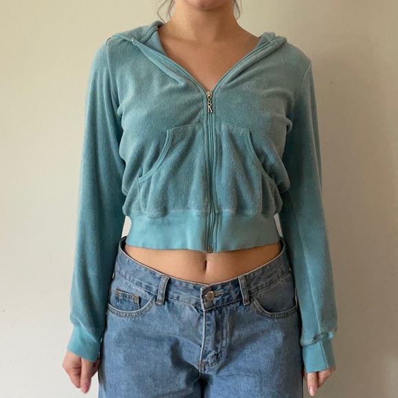 Y2K Blue Terry Cloth Rampage Clothing Crop Zip Up Hoodie Sweatshirt - Picture 6 of 6